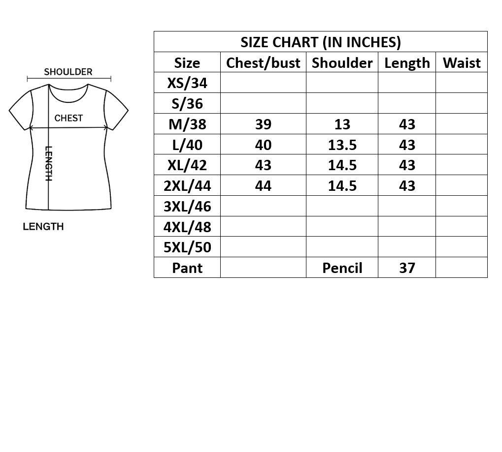 Size chart for shirts and pants with measurements in inches.