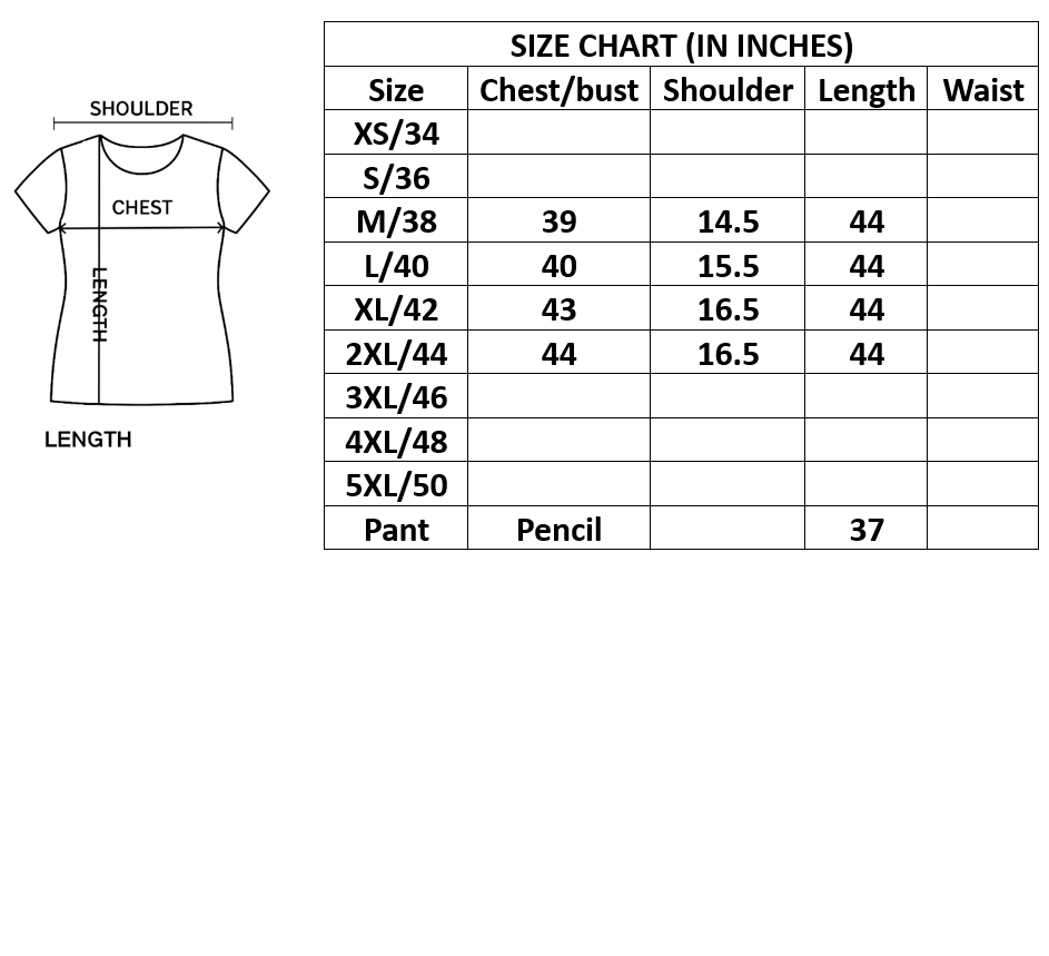 Size chart for shirts and pants in inches with measurements.