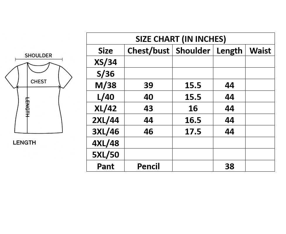Size chart for shirts and pants with measurements in inches.