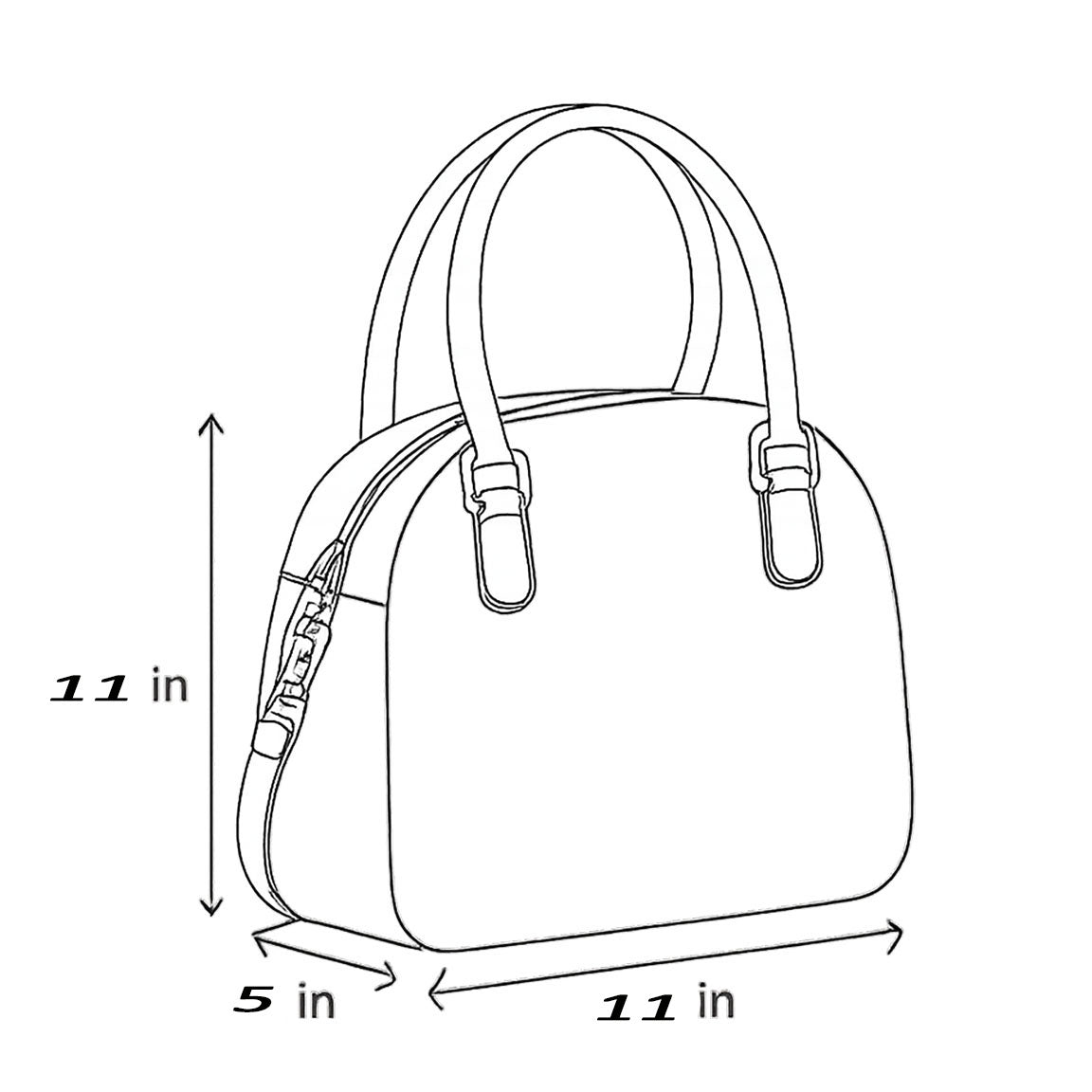 Line drawing of a handbag with dimensions labeled