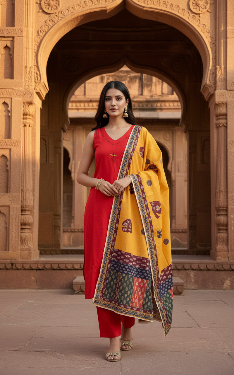 Three Piece Kurti Set (Red)