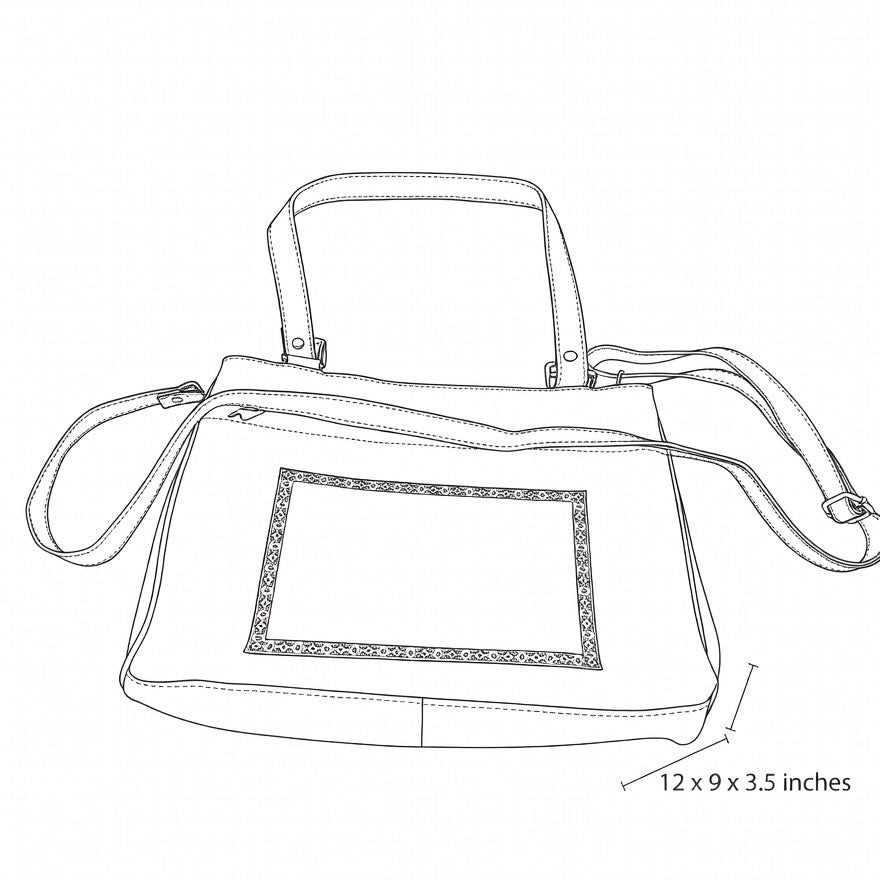 Line drawing of a handbag with dimensions indicated