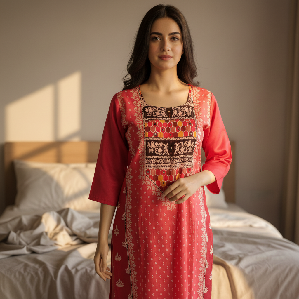 Woman wearing a red traditional outfit with intricate patterns in a bedroom setting.