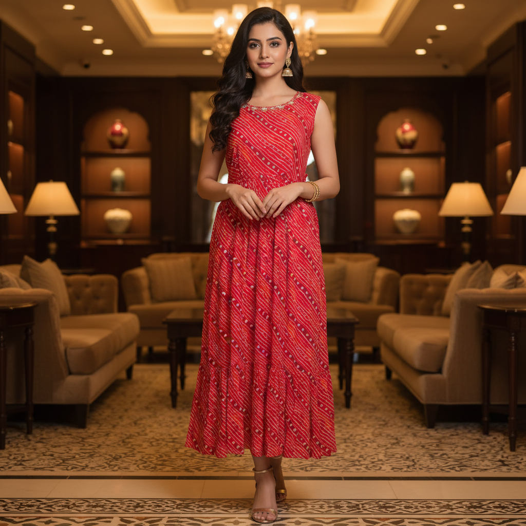 Woman in a red dress standing in an elegant indoor setting with beige sofas and decorative lamps.