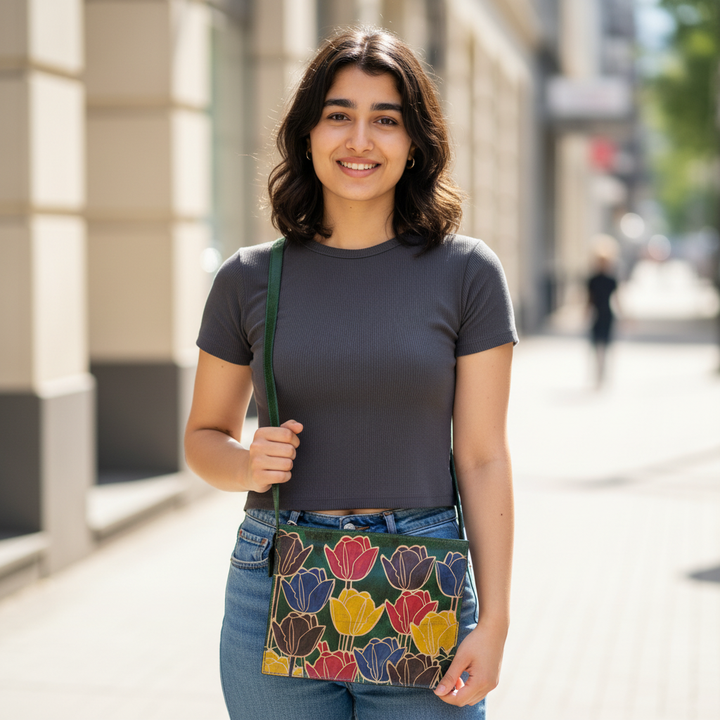 Woman holding a colorful floral-patterned bag on a city street