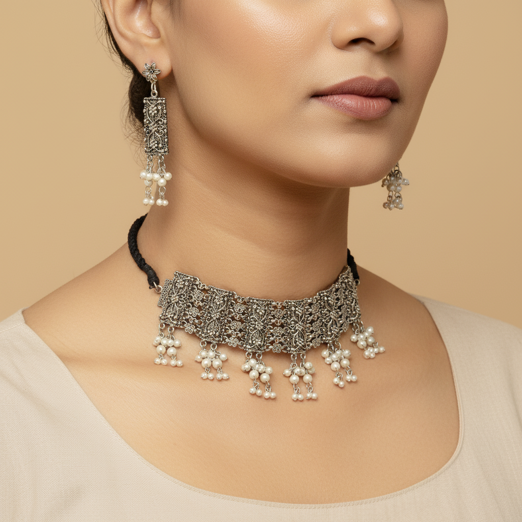 Antique Oxidized Choker with Earrings