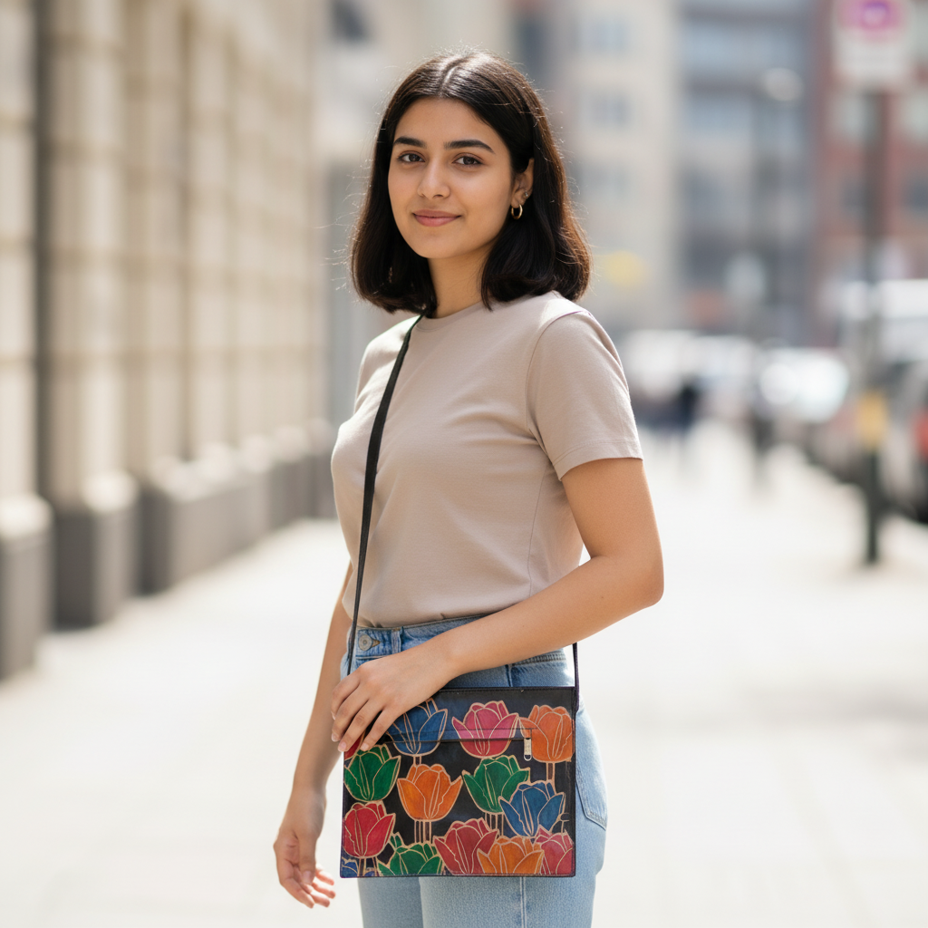 Woman holding a colorful floral-patterned handbag on a city street.