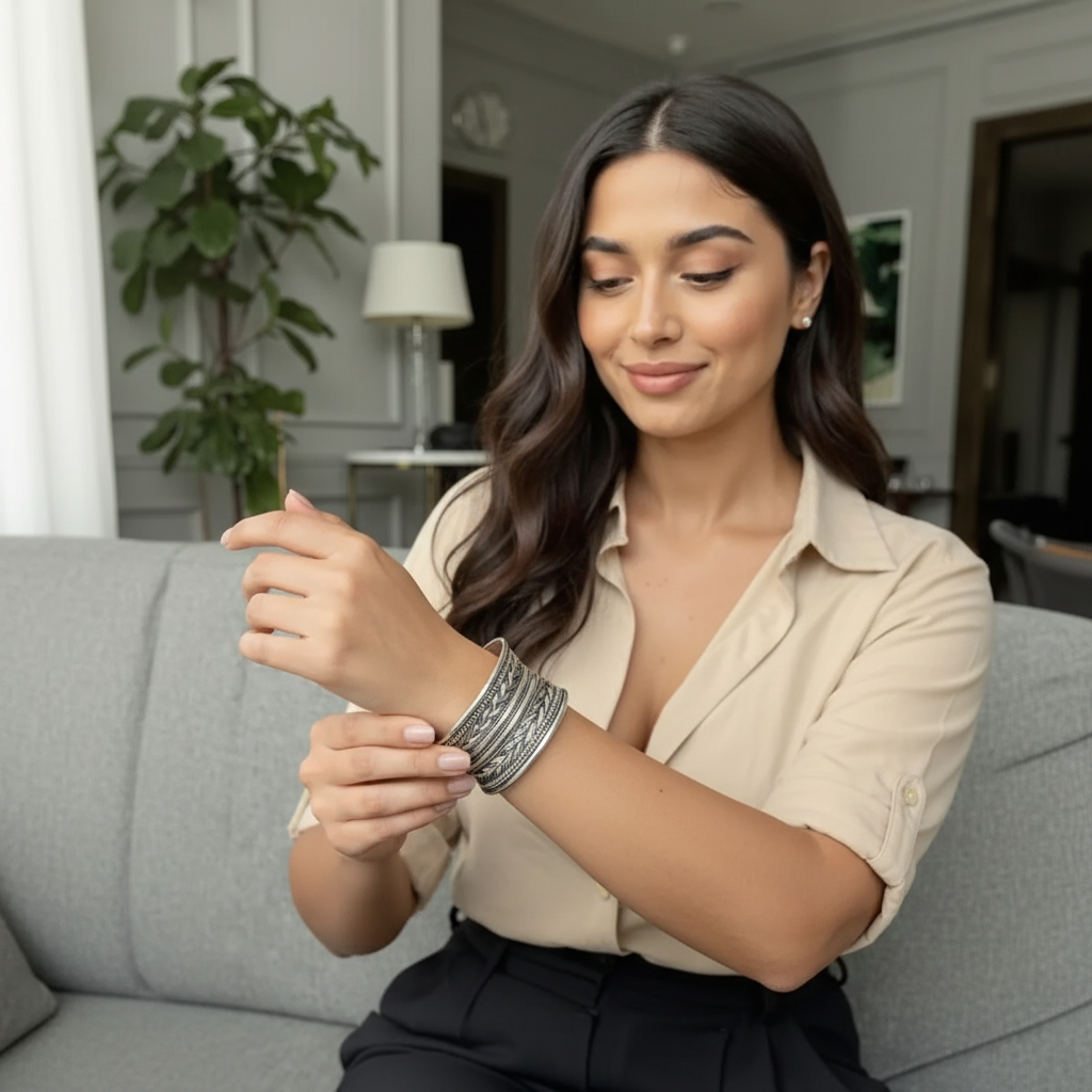 Woman sitting on a couch wearing a beige shirt and black pants, holding a bracelet.