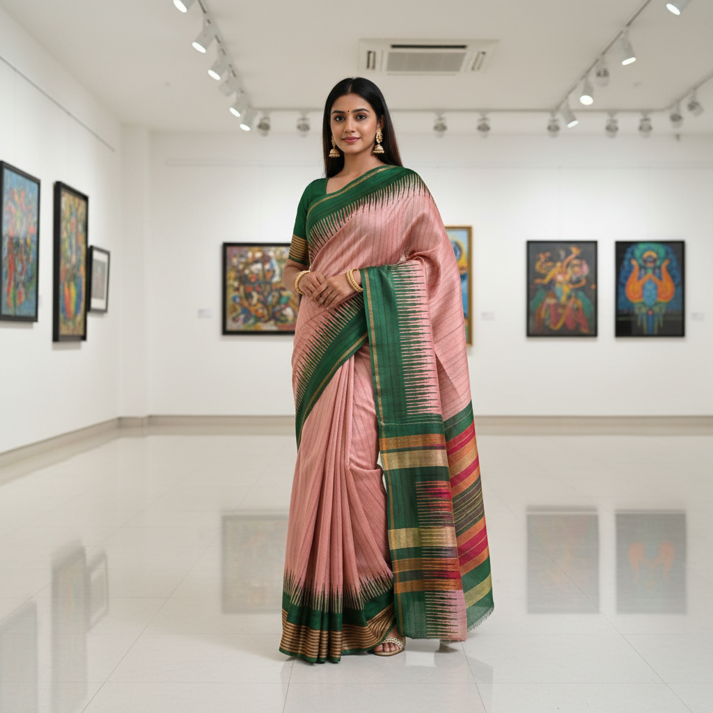 A woman stands in a bright art gallery wearing a pink and green patterned saree with multicolored striped borders. Paintings are visible on the white walls behind her.